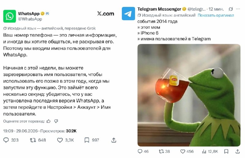 Анекдот дня: WhatsApp* ввёл ЮЗЕРНЕЙМЫ спустя почти 17 лет существования мессенджера. Начинать перепи