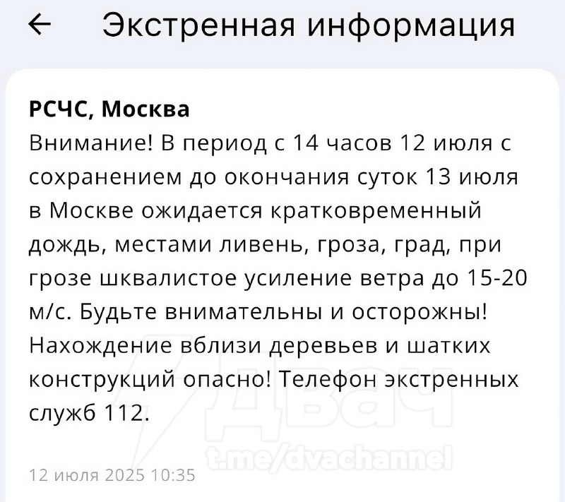 ❗️Сильный дождь, гроза и порывы ветра до 20 метров в секунду ожидаются в Москве после 14:00
Власти
