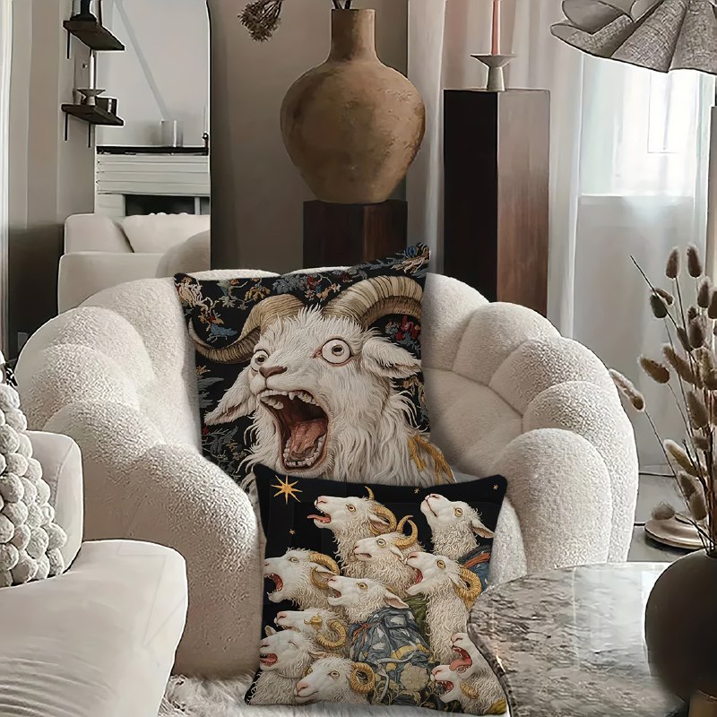 На маркетплейсах нашли криповые подушки с орущими козлами — с ними любой интерьер заиграет красками