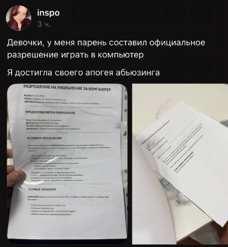 Тян заставила парня подписать договор на использование компа — ей надоели его постоянные игры, и она
