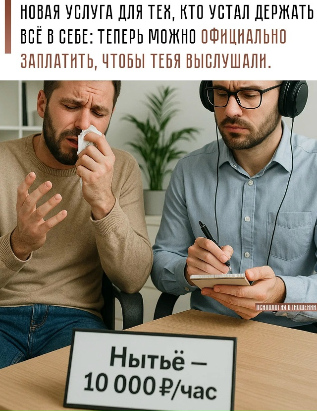 😭 Полчаса нытья стоит 5 тысяч рублей, а час — все 10.
«И?...