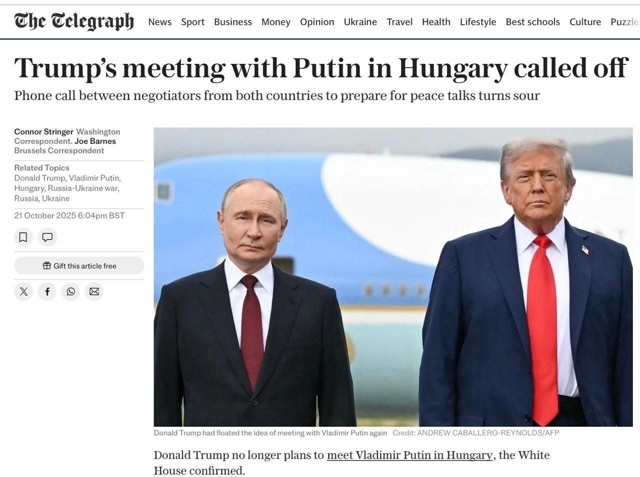 The Telegraph:
Встреча Трампа с Путиным в Венгрии отменена.
?...