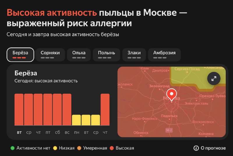 Концентрация пыльцы берёзы в Москве превысила норму в 1000 (!) раз, говорят аллергологи.
Особая опа