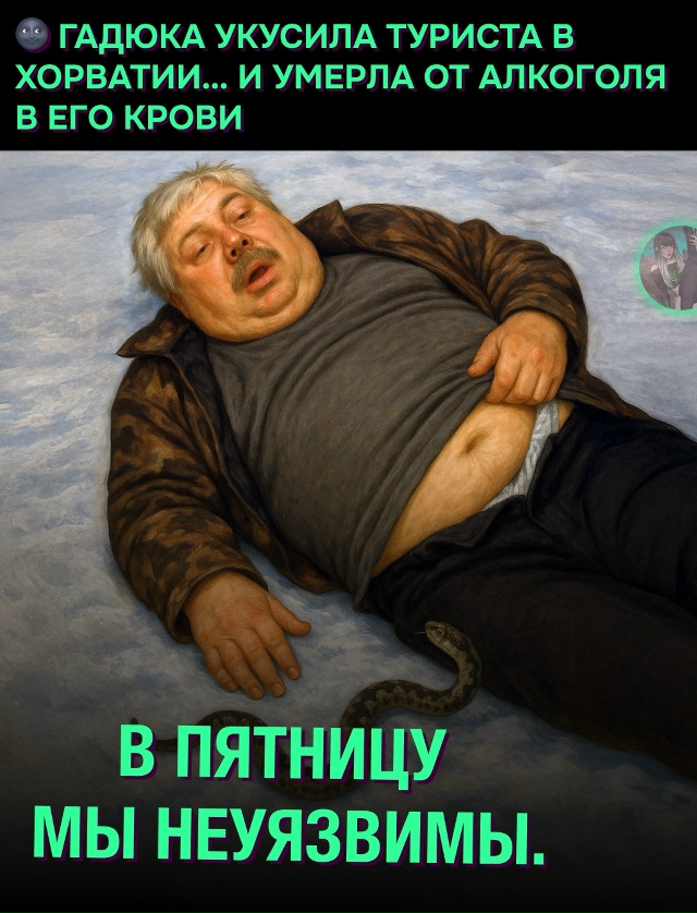 😅 Гадюка умерла после укуса пьяного туриста — алкого?...