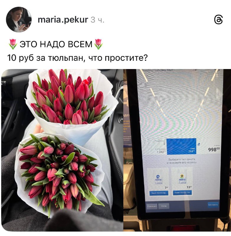 Девочки, прямо сейчас в Ленте можно купить тюльпаны за сущие копейки.
Например, букеты из 100 штук