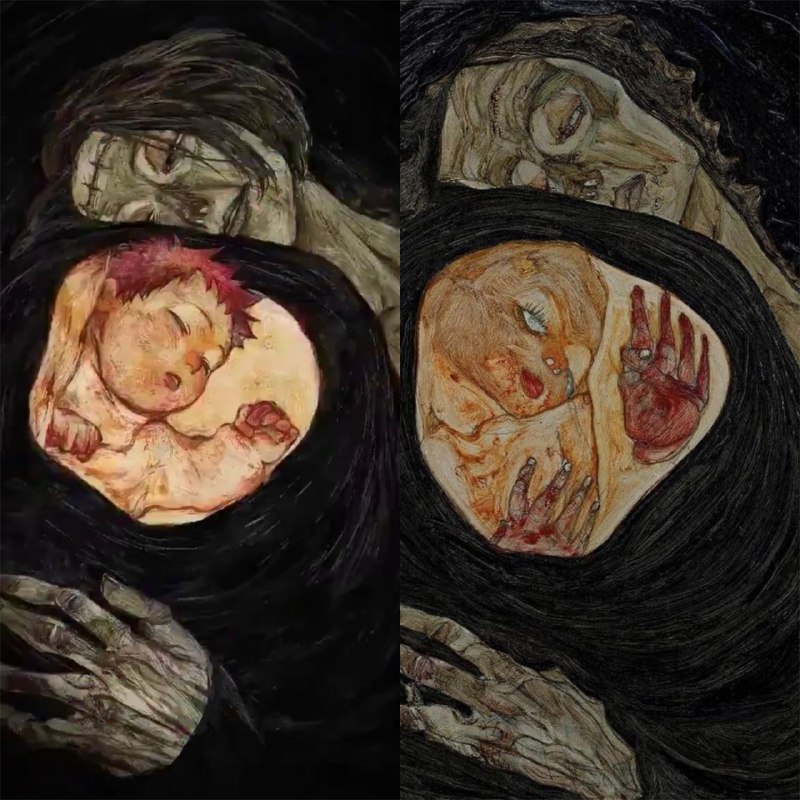 ⚡️Отсылки к искусству в опенинге «Магической битвы»:
1. «Мертвая мать I» Эгона Шиле
2. «Двое спящих