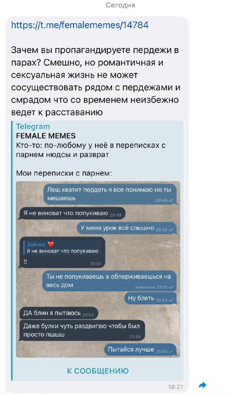Кто-то: по-любому у неё в переписках с парнем нюдсы и разврат Мои переписки с парнем:
