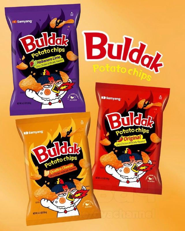 Помянем желудок: Buldak начали делать свои чипсы.
Есть три вкуса:
🟠Оригинальный «Острый цыплёнок»;