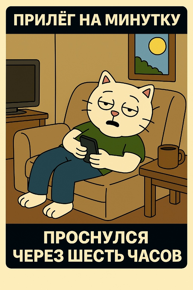 Он лежит на диване с подушкой, рядом включён телевизор,...