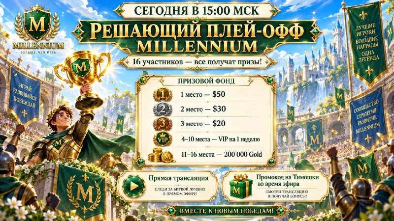 #Millennium
🔥 Сегодня в 15:00 по московскому времени — решающие матчи плей-офф Millennium! 🏆
⠀
Квал