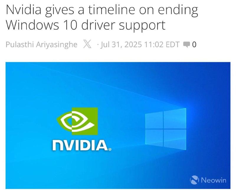 Nvidia прекращает поддержку Windows 10 уже с октября 2026 года.
Для этой операционной системы больш