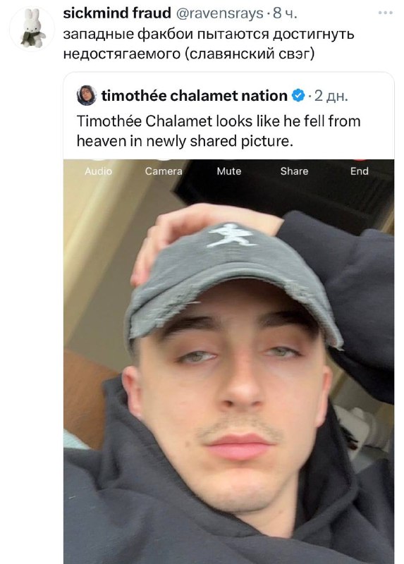 Смеюсь: Тимоти Шаламе стал мемом, после того как выложил фотку в стиле Slavic core.
Тот самый паре