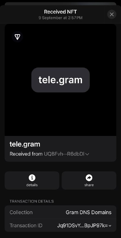 Кто-то сегодня подарил мне элитный Gram DNS домен tele.gram.
Спасибо tonscan.org/address/UQBFvhDLW9