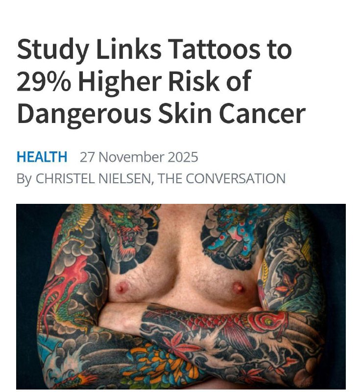 Татуировки повышают риск рака кожи на 29%, официально.
К такому выводу пришли учёные. Особенно час