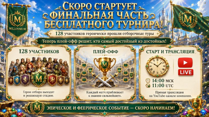 #Millennium
🏆 УВАЖАЕМЫЕ ПАРТНЁРЫ И ИГРОКИ! СЕГОДНЯ СТАРТУЕТ 2-Й ЭТАП БЕСПЛАТНОГО ТУРНИРА MILLENNIUM