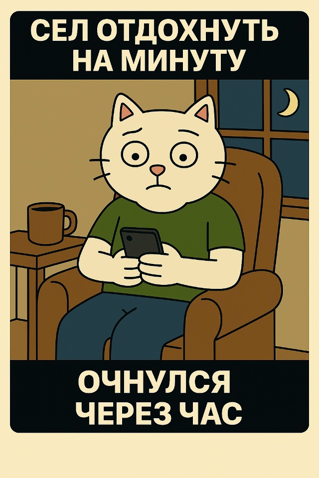 Он сидит в кресле с телефоном в лапах. Он явно собиралс?...