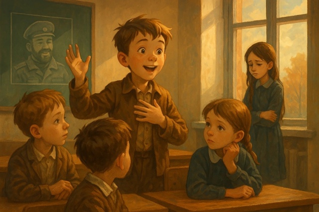 Звенит звонок. Шум, гам и смех влетают в класс.
А я стою,...