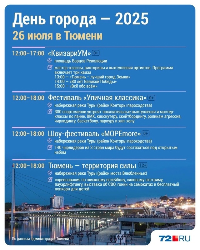 Мероприятия в Тюмени на День города 🥳
Источник: 72 ru