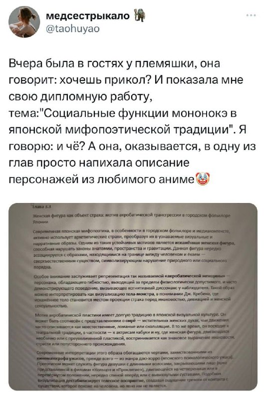 Тян защитила диплом по японской культуре на примерах из «Дандадан» и получила отлично
Будущий профе