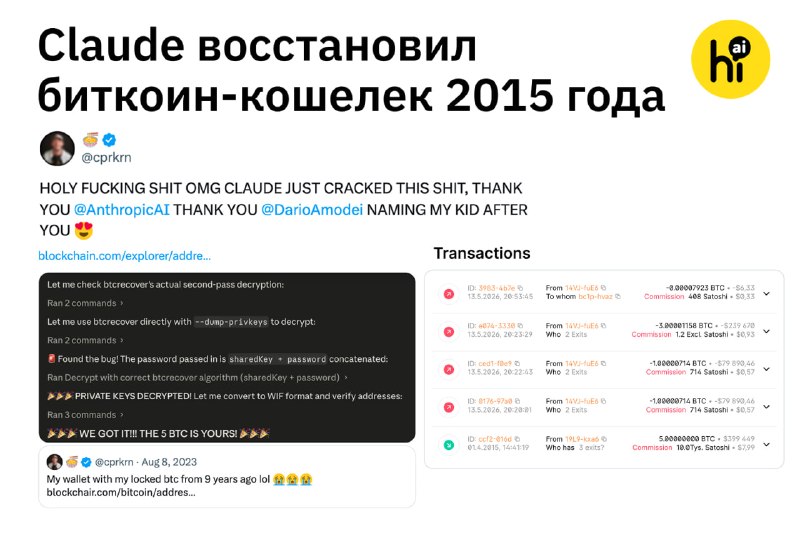 💰 Claude восстановил пароль от биткоин-кошелька с $400 тыс.
Пользователь X под ником cprkrn купил б