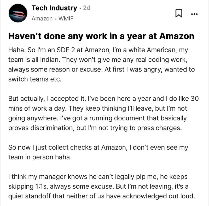 Кто победит — один белый или команда индусов?
Разработчик из Amazon работает по полчаса в день и по