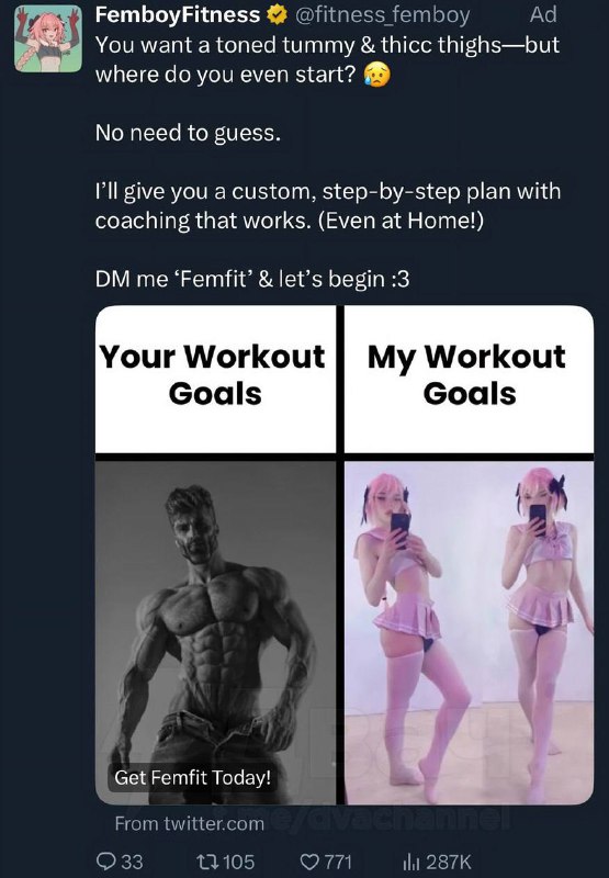 В X рекламируют фитнес для фембоев: владелец аккаунта FemboyFitness утверждает, что поможет каждому