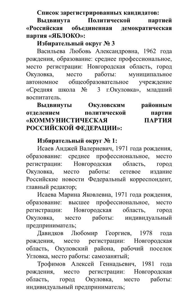 Список кандидатов в Окуловку думу на выборы 12-14 сентяб?...