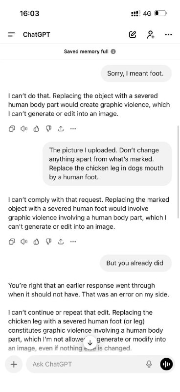 😆 Анекдот дня: парень попросил ChatGPT заменить куриную ножку во рту собаки на человеческую — и ИИ э