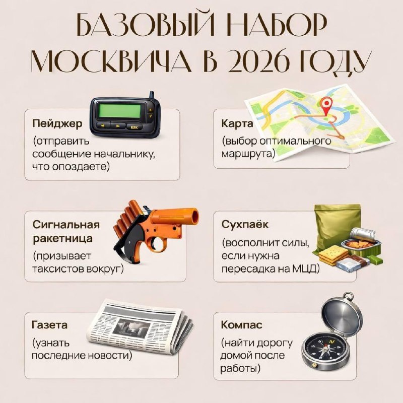 Опубликован гайд по выживанию в Москве в 2026 году.
Сохраняем.