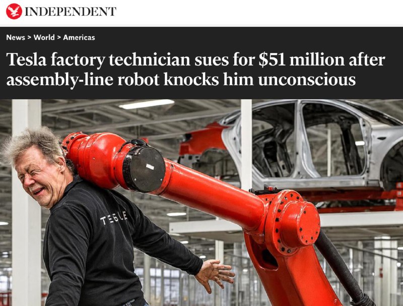 На заводе Tesla случилось кино: рабочий из США утверждает, что его вырубил (!) ии-робот своей большо