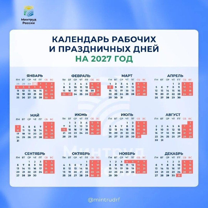 📅Минтруд опубликовал производственный календарь на 2027
Новогодние праздники будут длиться целых 1