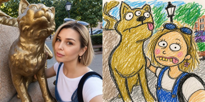 Подвезли годный промпт для фотографий с животными: нейросеть превращает вас и вашего питомца в нелеп