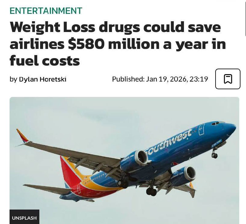 Оземпик может сэкономить авиакомпаниям до $580 млн в год.
Массовое похудение пассажиров снижает вз