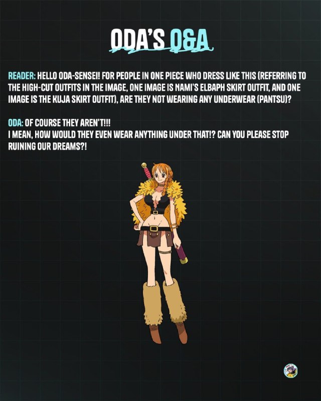 ⚡️ ВАЖНЕЙШИЙ ЛОР «ВАН-ПИС»:
Ода-сенсей подтвердил, что Нами и другие героини в платьях с разрезами