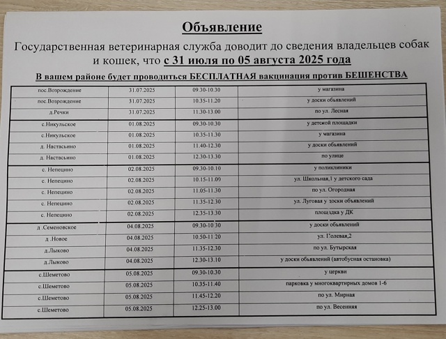ВНИМАНИЕ! Вакцинация против Бешенства!!!
С 31 июля по 5 ав...