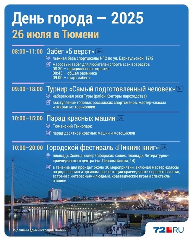 Мероприятия в Тюмени на День города 🥳
Источник: 72 ru