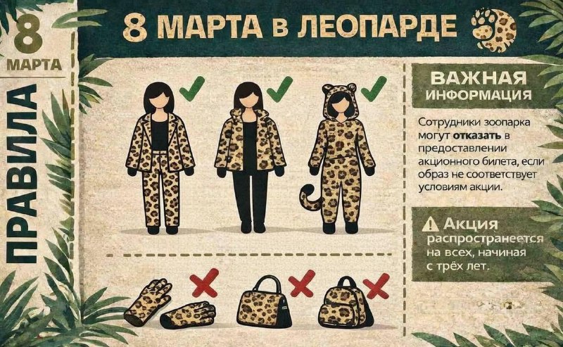 🐆 Девушек в леопардовом образе 8 марта пустят в Московский зоопарк за полцены
Для акции подойдёт ко