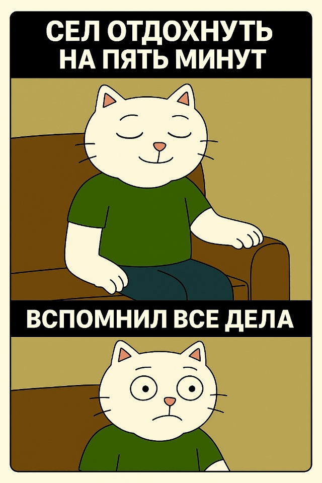 Стоит сесть отдохнуть «буквально на пять минут»,
как о?...