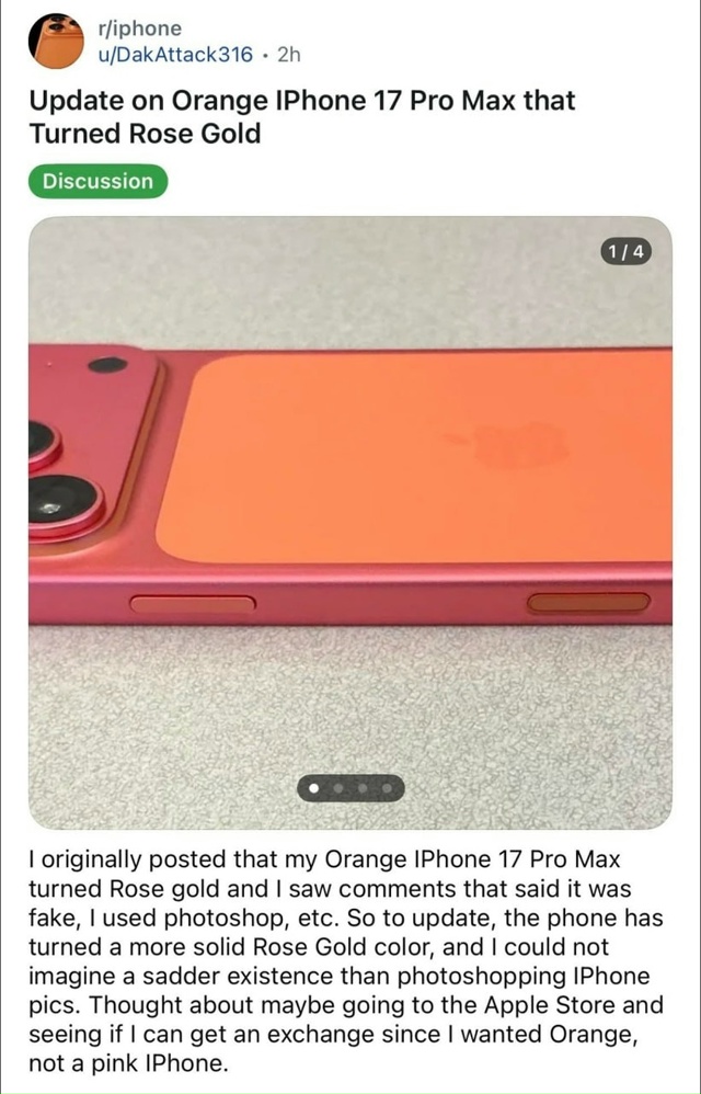😅 iPhone 17 Pro Max начал менять цвет сам по себе
Пользовател...