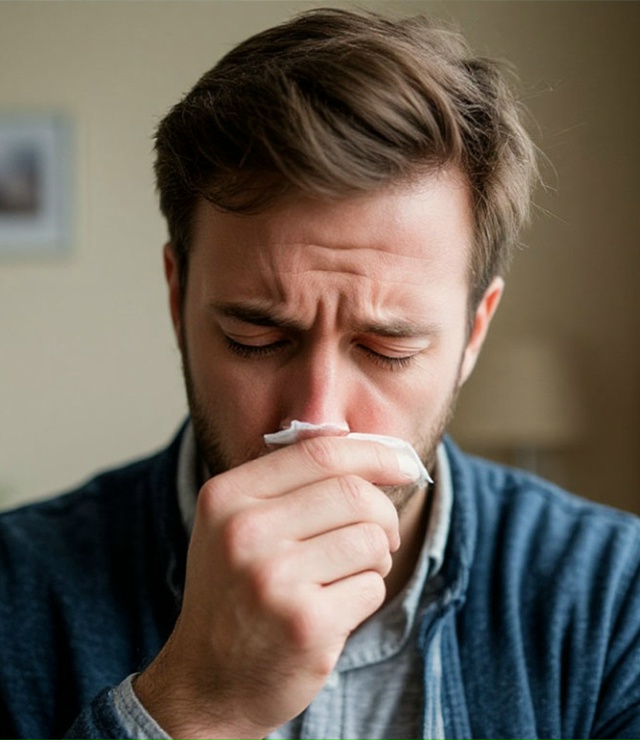 Когда у человека насморк, инфекция из носовых пазух ле?...